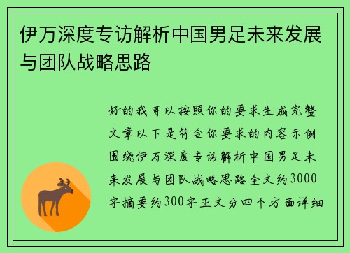 伊万深度专访解析中国男足未来发展与团队战略思路