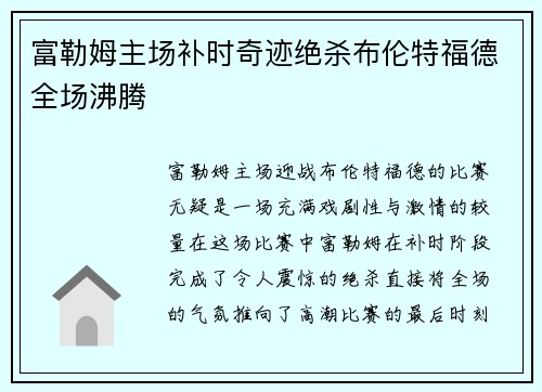 富勒姆主场补时奇迹绝杀布伦特福德全场沸腾 富勒姆主场补时奇迹绝杀布伦特福德全场沸腾