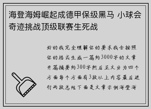 海登海姆崛起成德甲保级黑马 小球会奇迹挑战顶级联赛生死战